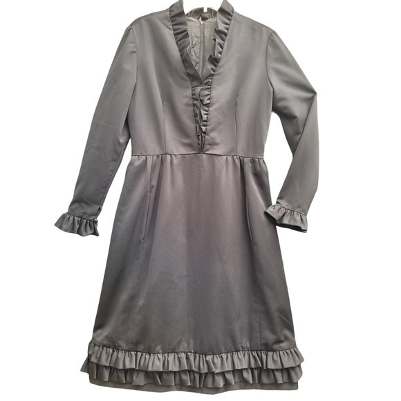 Vintage Ruffle Cuff V-neck and Hem Long Sleeve Goth‎ Line A-line Midi Prom Dress - Picture 1 of 12